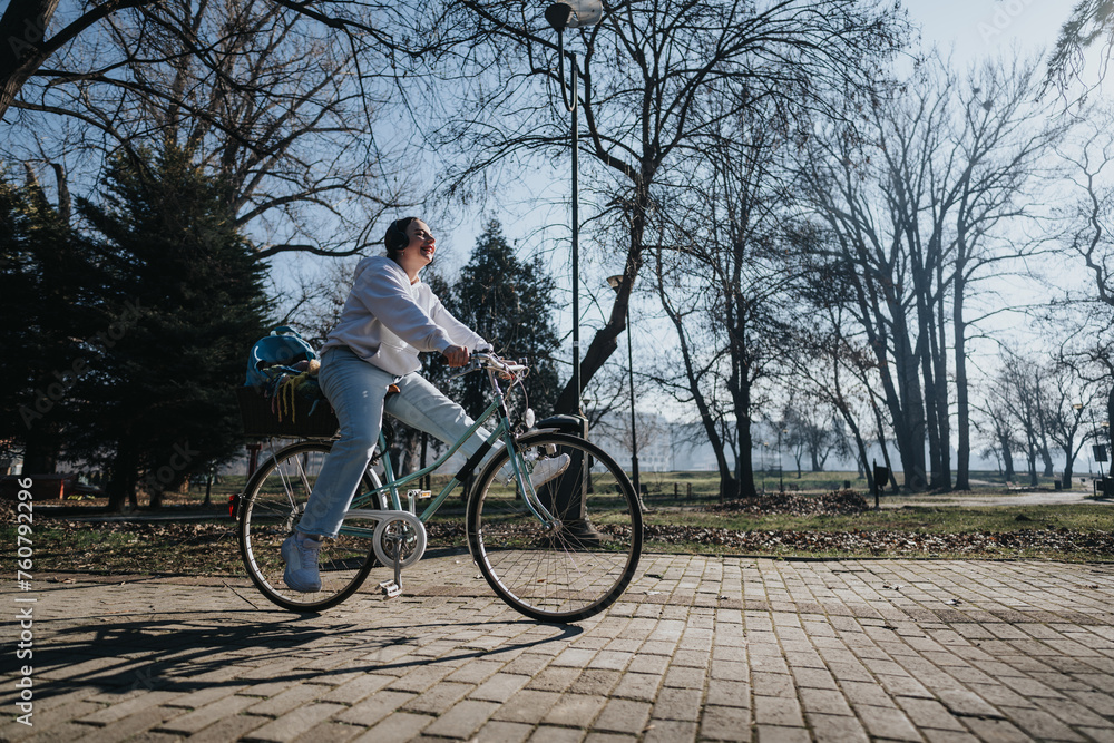 A joyful female cyclist with headphones on rides along a paved park path surrounded by bare trees and a clear sky.