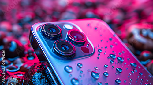 Macro photography of smartphone’s block of cameras. Product shot of pinkish mobile phone which is covered with water drops and liquid blurred background behind