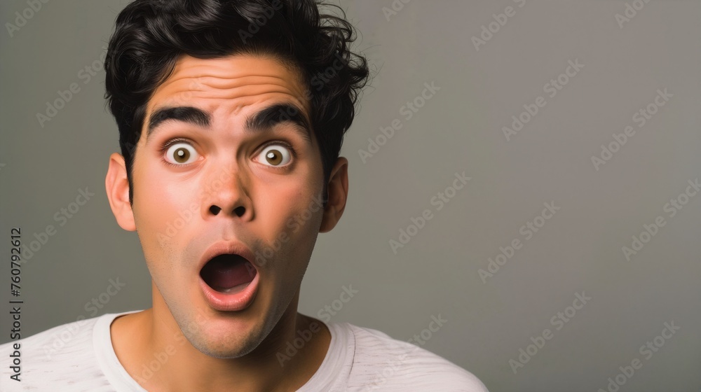 Portrait of Surprised young adult Latin American man on grey background. Male stunned and shocked look, with big eyes, mouth open and jaw dropped. Unexpected shocking news. Surprise and shock Portrait of Surprised young adult Latin American man on grey background. Male stunned and shocked look, with big eyes, mouth open and jaw dropped. Unexpected shocking news. Surprise and shock