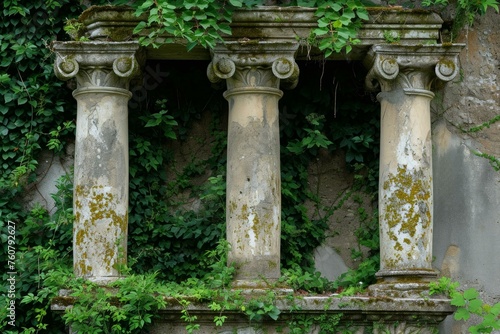 Mossy Antique columns old forest. Sky nature. Generate Ai