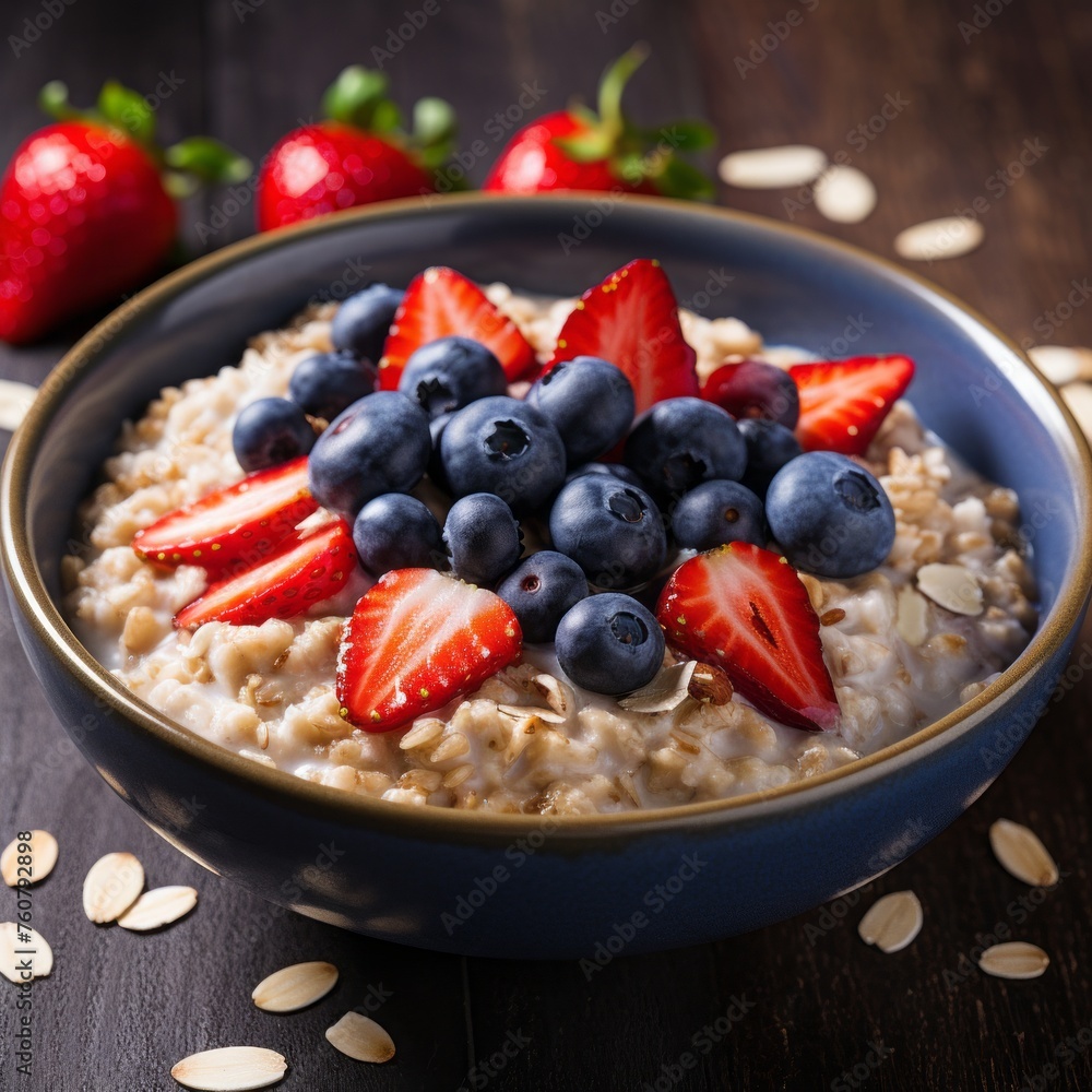 Bowl of oatmeal with blueberries and strawberries berries standing on a wooden table. Brown ceramic plate of oat cereal porridge decorated with fresh berries on top. Healthy diet breakfast meal. Bowl of oatmeal with blueberries and strawberries berries standing on a wooden table. Brown ceramic plate of oat cereal porridge decorated with fresh berries on top. Healthy diet breakfast meal.
