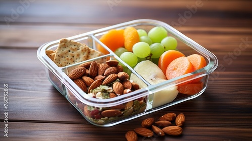 Container with vegetables, raisin, fruit, grapes, nuts. Street takeaway food container with a healthy meal. Segmented plastic container with beautiful healthy fresh food.