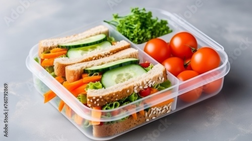 Container with sandwiches, vegetables, and nuts. Street takeaway food container with a healthy meal. Segmented plastic container with beautiful healthy fresh food.
