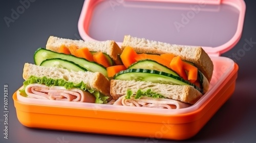 Container with sandwiches, vegetables, meat, and nuts. Street takeaway food container with a healthy meal. Segmented plastic container with beautiful healthy fresh food.