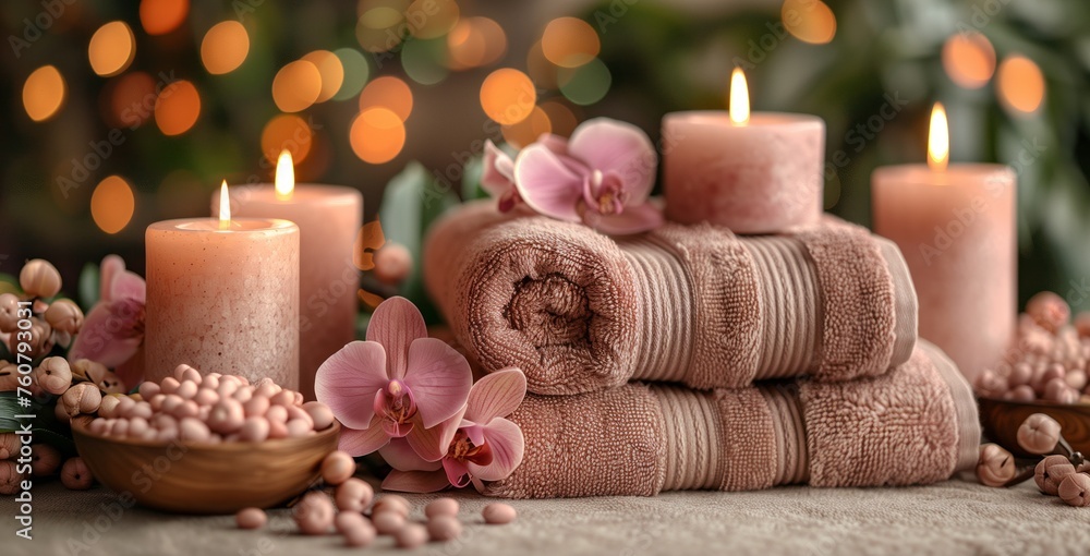 A stack of pink flower petals, candles, and wood on a table A stack of pink flower petals, candles, and wood on a table