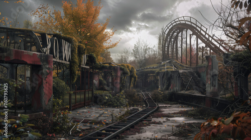 abandoned theme park ,amusement park with cloudy day on dry land