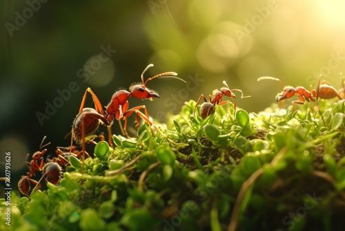 Tiny Ants macro grass. Wild insect worker. Generate Ai photo