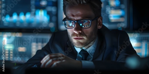 A cautious employee scrutinizing digital information with a wary expression on face. Concept Workplace Security, Cyber Threats, Data Analysis, Employee Monitoring