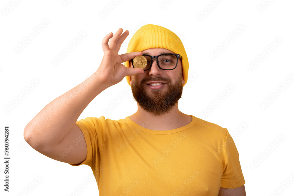 man covering eye with bitcoin isolated on transparent background man covering eye with bitcoin isolated on transparent background