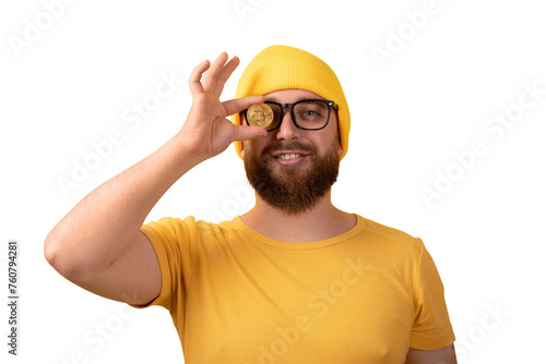 man covering eye with bitcoin isolated on transparent background © alesmunt