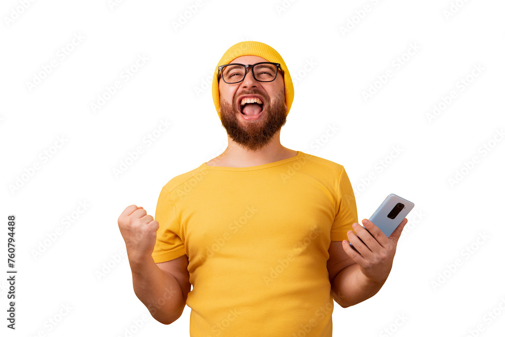winner man with phone isolated on transparent background winner man with phone isolated on transparent background