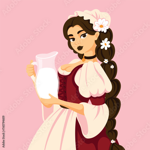 A girl with a jug of milk in a stylized national costume. Dairy farm. Vintage vector illustration. 