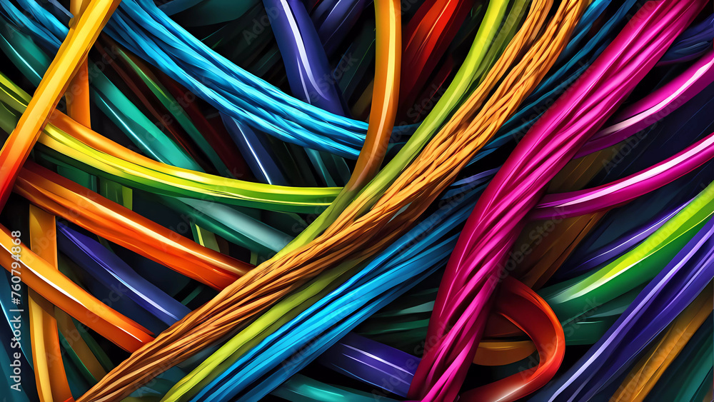 Conexiones en Red: Abstracto de Cables y Conductos en un Remolino de Energía Roja, Representando el Ciberespacio y las Comunicaciones Tecnológicas en un Enlace de Computación y Tecnología