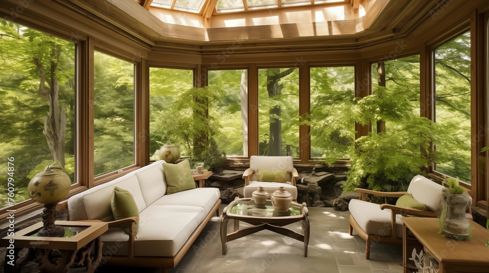 Fototapeta premium Sunroom designed to mimic a serene Japanese tea garden.