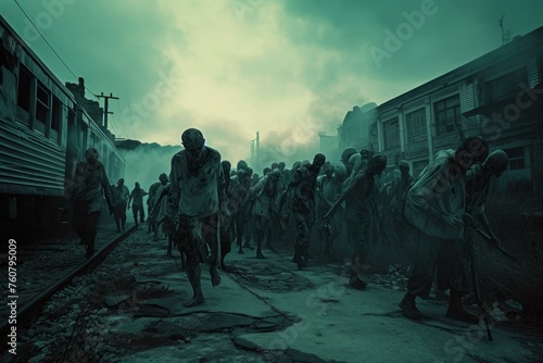 Horrifying Apocalypse zombie scene. Night war. Generate Ai photo