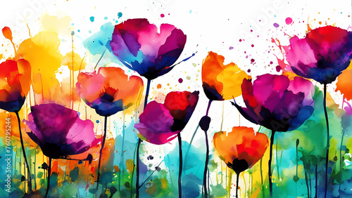 Estallido Floral: Amapolas y Tulipanes Rojos en un Paisaje de Huerta, Celebrando el Florecer de la Naturaleza en una Explosión de Color en la Primavera y el Veran photo