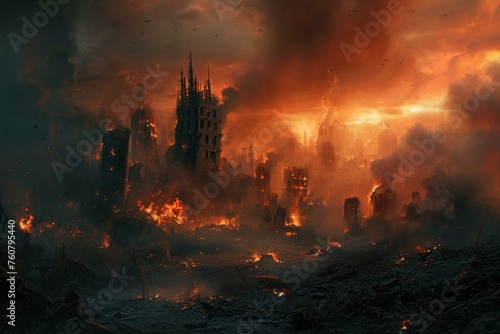Devastating Apocalyptic scene fire. Empty ruin. Generate Ai