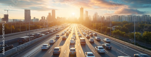 highway in the city with many cars, city skyline background