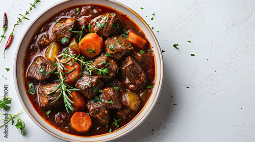 stew with vegetables, Beef Bourguignon in a bowl with vegetables and fresh herbs on a white background. Top view food photography of French cuisine with space for text. Design for culinary blog, recip photo