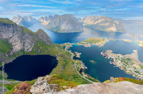 Sunset aerial view on stunning mountains and lakes of Lofoten islands, Norway