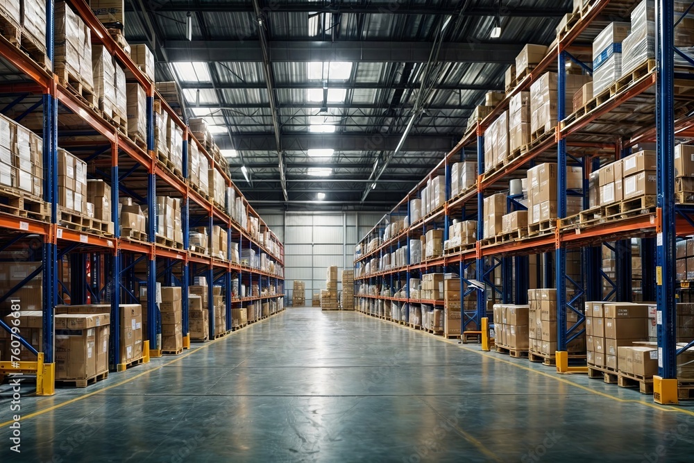 A warehouse with many boxes stacked on shelves. The boxes are mostly white and blue. The warehouse is very organized and clean A warehouse with many boxes stacked on shelves. The boxes are mostly white and blue. The warehouse is very organized and clean