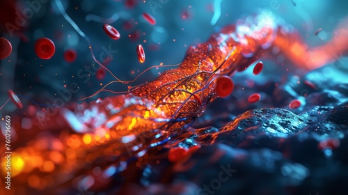 Angioplasty 3D rendering illustration. Deployed Stent within a diseased artery or blood vessel clogged by cholesterol ( photo