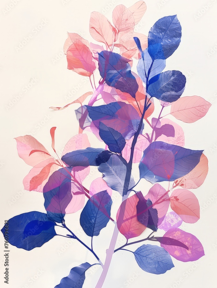 A detailed painting depicting a branch covered in vibrant purple and pink leaves