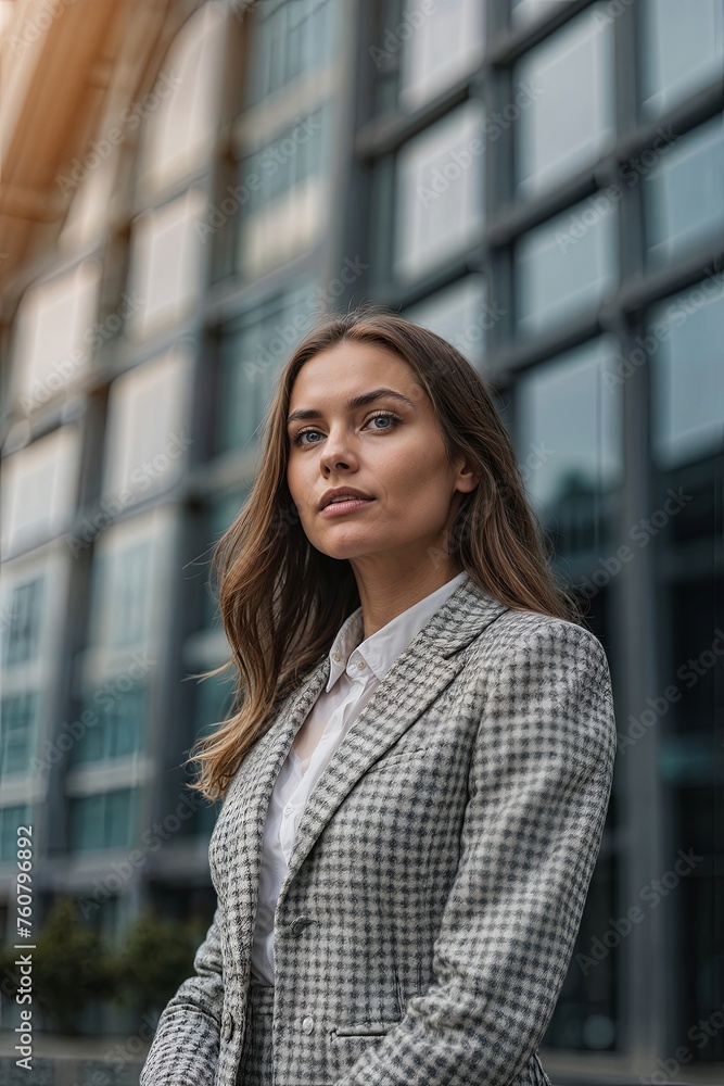 Beautiful young business woman outdoors with copy space on blurred business center background Beautiful young business woman outdoors with copy space on blurred business center background