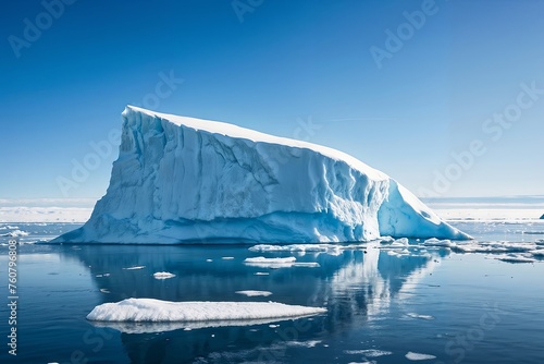 A large ice block is floating in the ocean. The sun is shining on it, making it look like a giant ice sculpture