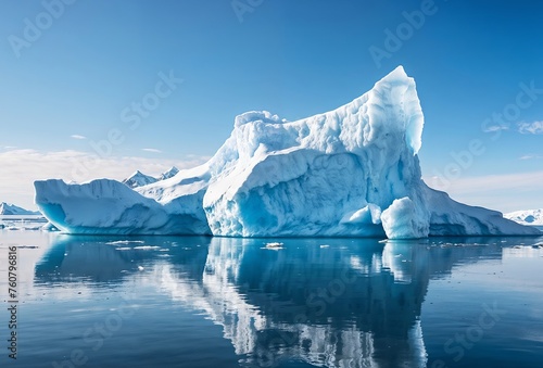 A large ice block is floating in the ocean. The scene is serene and peaceful, with the ice block standing out against the blue sky