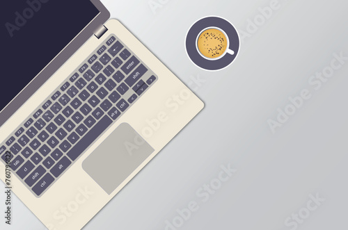 Office table desk with laptop computer, cup of coffee and supplies. Top view with copy space, flat lay. Vector Illustration