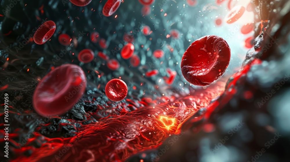 Blood clot or thrombus blocking the red blood cells stream within an artery Blood clot or thrombus blocking the red blood cells stream within an artery