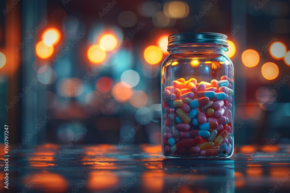 A jar brimming with an assortment of pills ultra high detailed, photorealistic, like a photo, ultra high realistic, banner with space on the left side. full focus, 16k , generated with AI A jar brimming with an assortment of pills ultra high detailed, photorealistic, like a photo, ultra high realistic, banner with space on the left side. full focus, 16k , generated with AI
