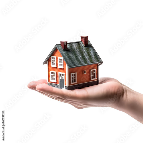 Photo of hand presenting model house with white background