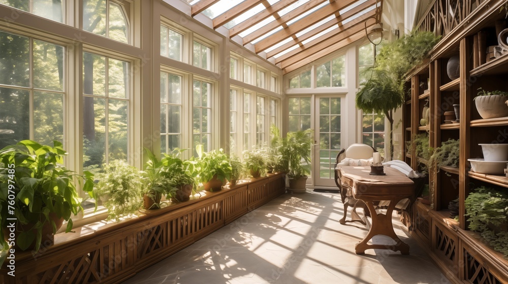 Sunroom featuring custom built-in wooden planters and trellises. Sunroom featuring custom built-in wooden planters and trellises.