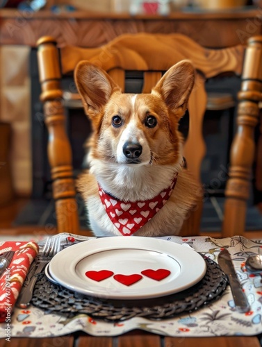 A photo of an adorable corgi sitting at the dinner table, generated with AI © sch_ai