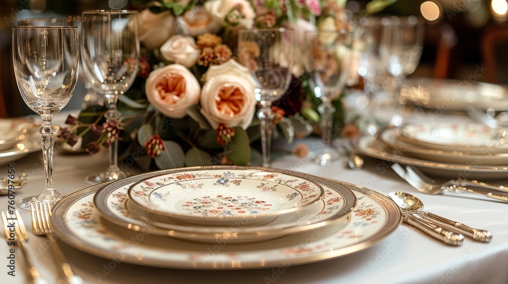 Naklejka premium Classic Sophistication: Fine China and Crystal Glassware Set the Scene