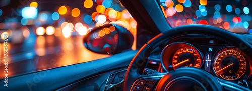 A photographic style of a car's interior, focusing on a blurred A-pillar to suggest car audio excellence, predominant colors black and orange, generated with AI