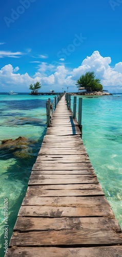 vertical photograph of an old wooden jetty crossing a paradisiacal beach to an island with a resting area. tropical and paradisiacal vacations © Elena