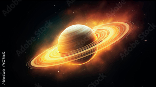 Planet saturn in space realistic illustration. Planet saturn vector close up. Saturn poster, print, 3D wallpaper, painting, art. Fire rings of Saturn.	