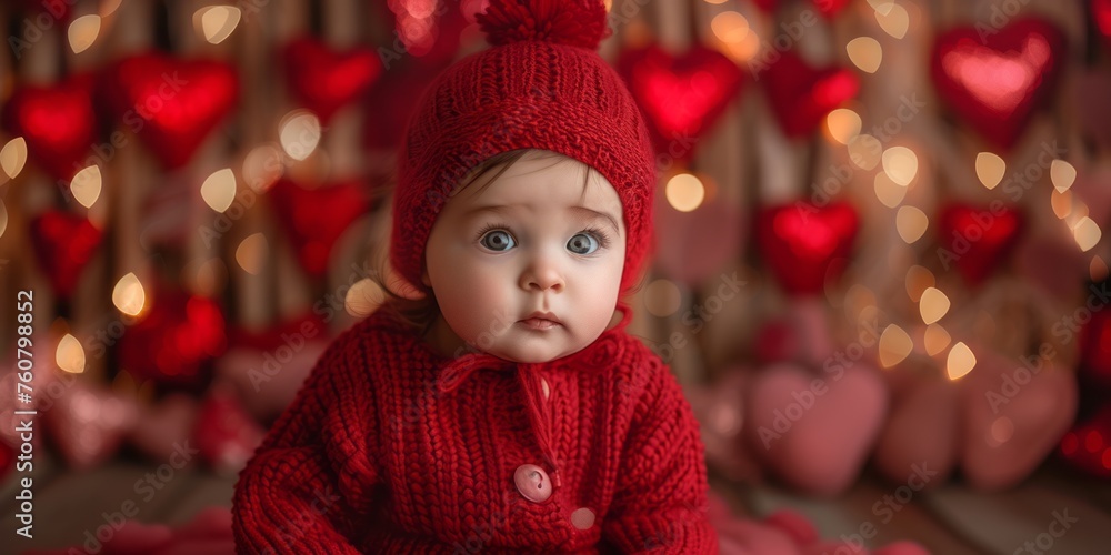 Portrait of an adorable baby dressed in red. Bokeh lights in the background. Portrait of an adorable baby dressed in red. Bokeh lights in the background.