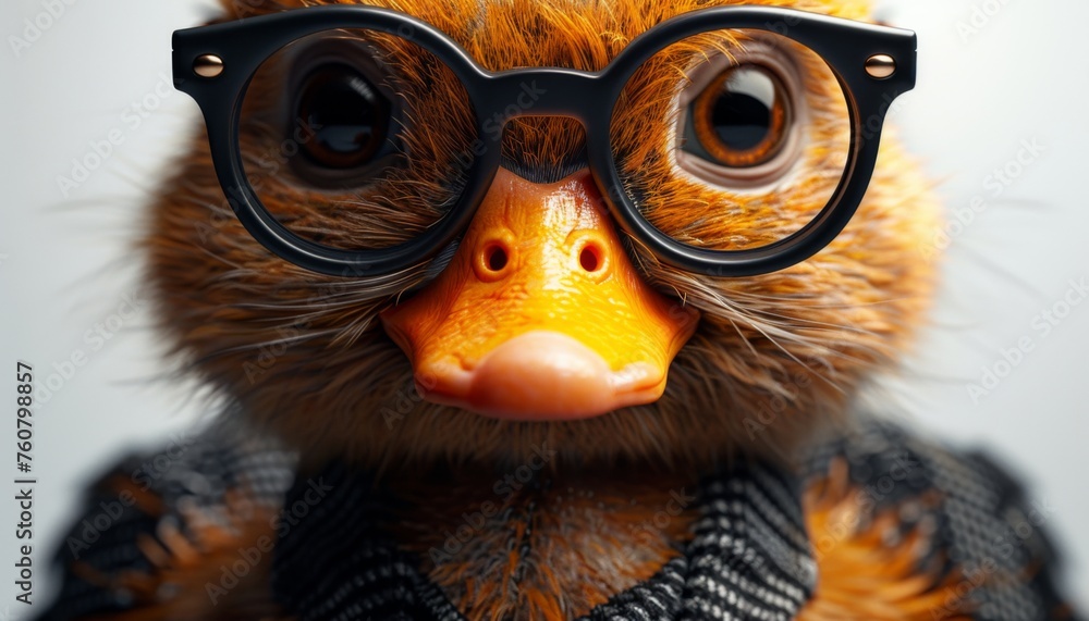 Close up front shot of an anthropomorphic white duck with glasses , hyper realistic, generated with AI