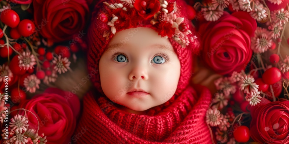 Top view of an adorable baby dressed in red. Red flowers in the background.jpeg Top view of an adorable baby dressed in red. Red flowers in the background.jpeg