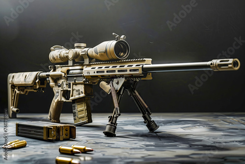 Modern powerful sniper rifle with a telescopic sight mounted on a bipod. Ammo and an additional magazine next to the rifle.