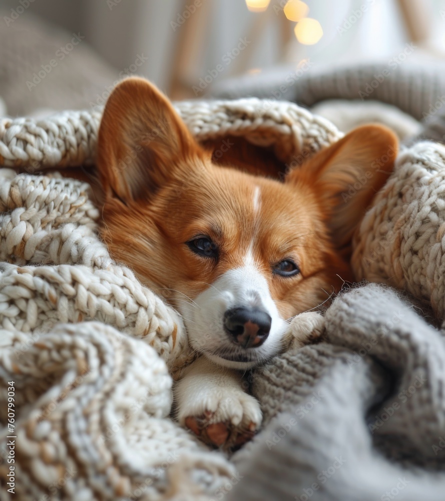 Corgi dog lie on the bed , generated with AI Corgi dog lie on the bed , generated with AI