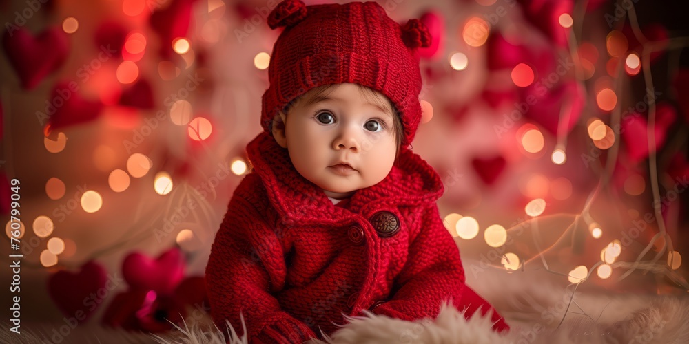 Portrait of an adorable baby dressed in red. Bokeh lights in the background.