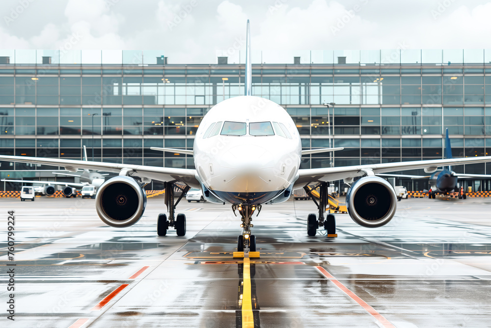 Jet aircraft docked in airport. Parking at terminal gate. Jet aircraft docked in airport. Parking at terminal gate.