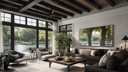 Sunroom featuring matte black ceiling beams and charcoal gray stucco.