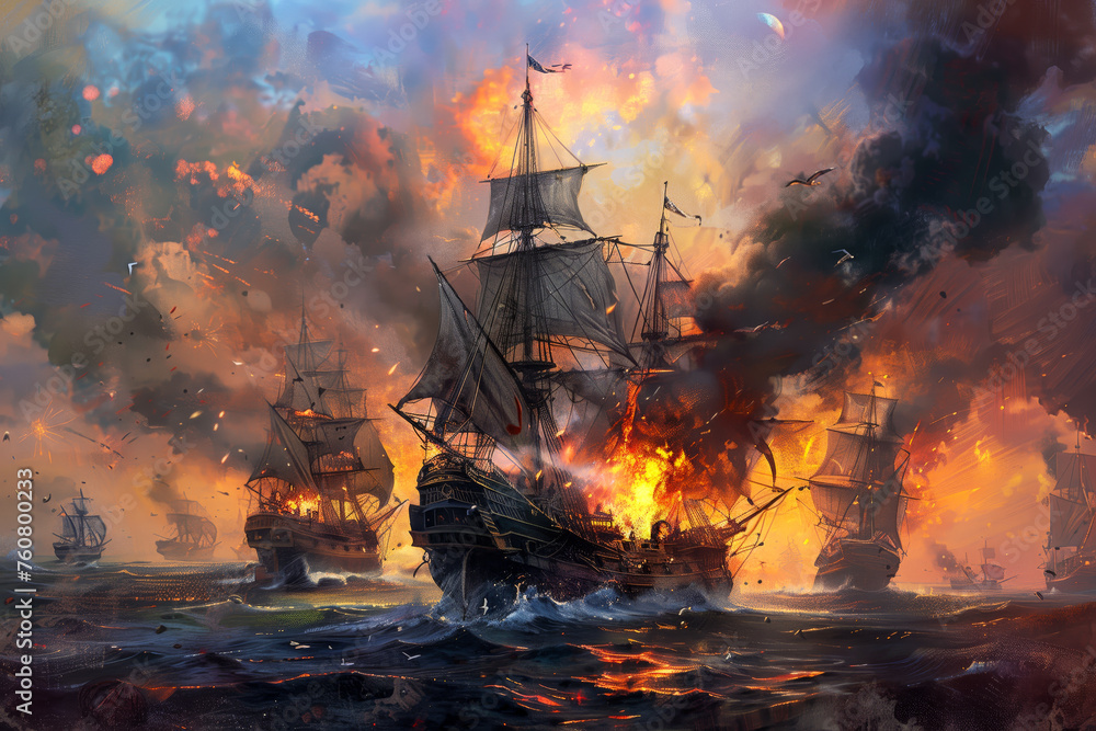 Obraz premium Fighting pirate ships at night