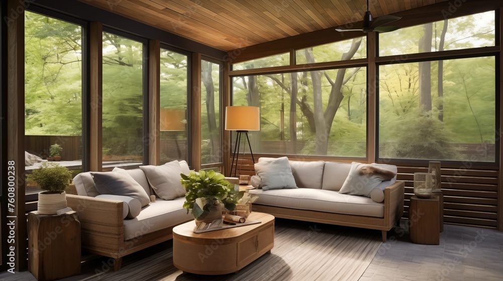 Sunroom featuring reclaimed wooden slat accent wall. Sunroom featuring reclaimed wooden slat accent wall.